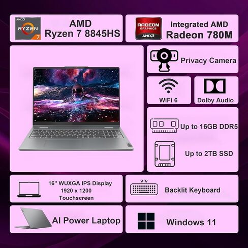 Delca Customized Laptop Made with Lenovo IdeaPad 5 2-in-1 AI Lightweight Laptop | 16" WUXGA IPS Touchscreen | AMD 8-core Ryzen 7 8845HS | 16GB DDR5 1TB/2TB/4TB SSD | Backlit Privacy Camera Win 11 in Kuwait