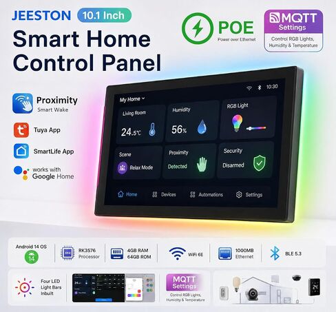 10.1" POE Smart Home Touch Panel with Proximity Sensor, 4GB+64GB Android 14 Inwall Controller 86 Box Included, WiFi 6E, RS232, RS485 LED Light Strip Home Assistant (No Camera)(White) in Saudi Arabia