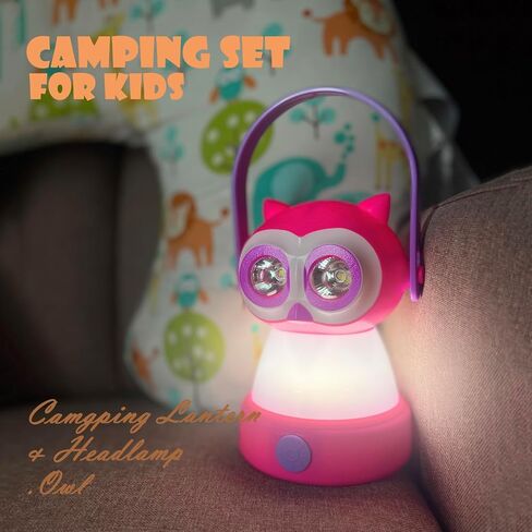 Kids Owl Lantern & Headlamp Set, 2-in-1 360° LED Camping Night Light, Battery Powered 3×AA, Child-Safe ABS, Portable Adventure Toy & Bedroom Night-Light (Pink Owl Lantern-Headlmp) in Kuwait