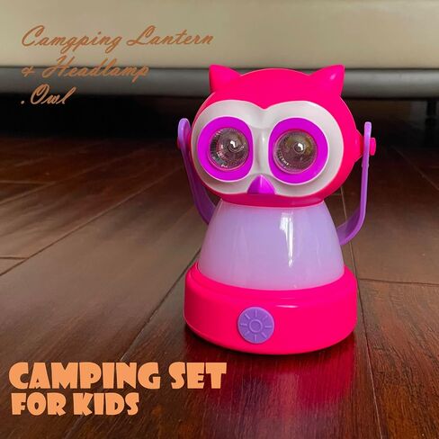 Kids Owl Lantern & Headlamp Set, 2-in-1 360° LED Camping Night Light, Battery Powered 3×AA, Child-Safe ABS, Portable Adventure Toy & Bedroom Night-Light (Pink Owl Lantern-Headlmp) in Kuwait