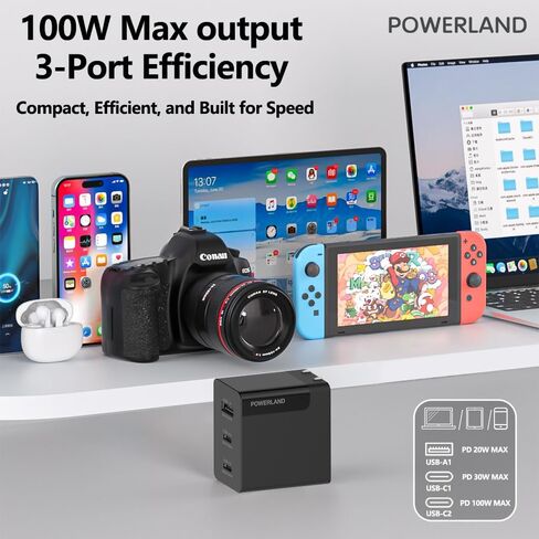 100W USB C Charger,GaN III 3-Port Fast Charging Station,PD QC Foldable Charger Block Portable Laptop Adapter for MacBook Pro/Air,iPad Pro,Galaxy S23,Dell XPS 13,iPhone 16/15/Pro and More in Kuwait