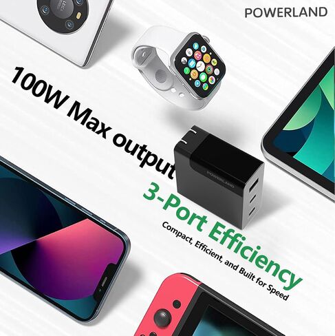 100W USB C Charger,GaN III 3-Port Fast Charging Station,PD QC Foldable Charger Block Portable Laptop Adapter for MacBook Pro/Air,iPad Pro,Galaxy S23,Dell XPS 13,iPhone 16/15/Pro and More in Kuwait