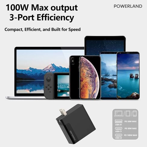 100W USB C Charger,GaN III 3-Port Fast Charging Station,PD QC Foldable Charger Block Portable Laptop Adapter for MacBook Pro/Air,iPad Pro,Galaxy S23,Dell XPS 13,iPhone 16/15/Pro and More in Kuwait