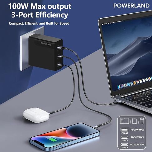 100W USB C Charger,GaN III 3-Port Fast Charging Station,PD QC Foldable Charger Block Portable Laptop Adapter for MacBook Pro/Air,iPad Pro,Galaxy S23,Dell XPS 13,iPhone 16/15/Pro and More in Kuwait
