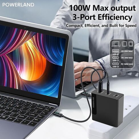 100W USB C Charger,GaN III 3-Port Fast Charging Station,PD QC Foldable Charger Block Portable Laptop Adapter for MacBook Pro/Air,iPad Pro,Galaxy S23,Dell XPS 13,iPhone 16/15/Pro and More in Kuwait