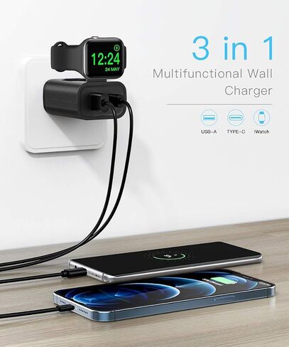 BeaSaf 24W USB C Charger, 3 in 1 Design with Apple Watch Wireless Charger, PD Charger for iPhone, AirPods in Saudi Arabia