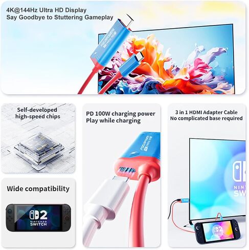 Switch 2 Portable Dock Cable, USB C to HDMI Adapter Cable with PD 100W Charging, 4K@144Hz TV Dock for Switch OLED, Steam Deck, ROG Ally, Travel Mini Dock in Kuwait