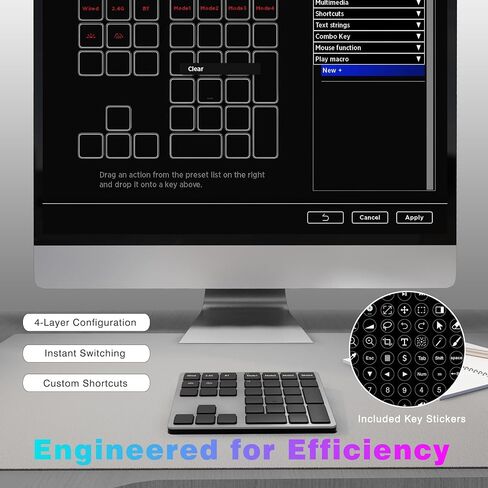 Doohoeek Tri-Mode Programmable Macro Keypad for Windows PC, 25 Custom Keys with Shortcut Stickers, Wireless Bluetooth/2.4G/ Wired Keyboard for Excel, Video Editing, Graphic & Office Productivity in Kuwait