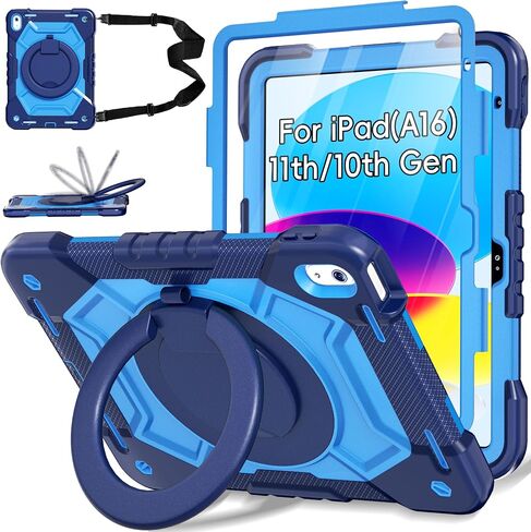 Case for iPad (A16) 11th Generation 11 inch 2025/10th Generation 10.9 inch 2022, Shockproof Cover with Screen Protector/360° Rotate Handle/Bracket/Pen Holder/Shoulder Strap (Purple+Pink) in Saudi Arabia