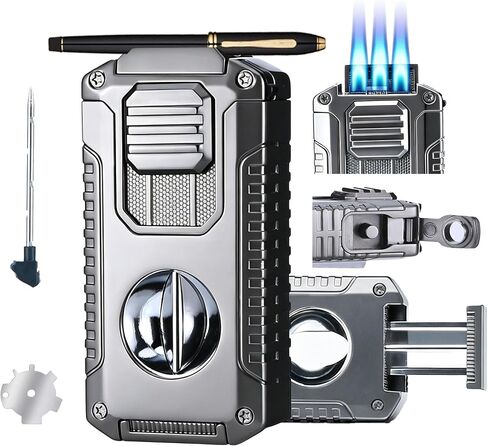 5 in 1 Butane Torch Lighter with V-Shaped Cutter, Punch & Built-in Holder | 3 Jet Flame Windproof Torch for Men in Kuwait
