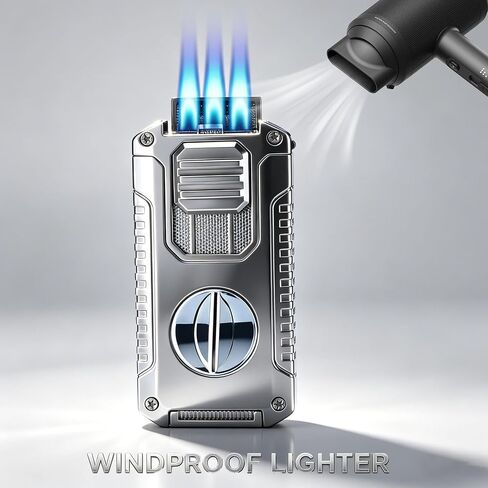 5 in 1 Butane Torch Lighter with V-Shaped Cutter, Punch & Built-in Holder | 3 Jet Flame Windproof Torch for Men in Kuwait