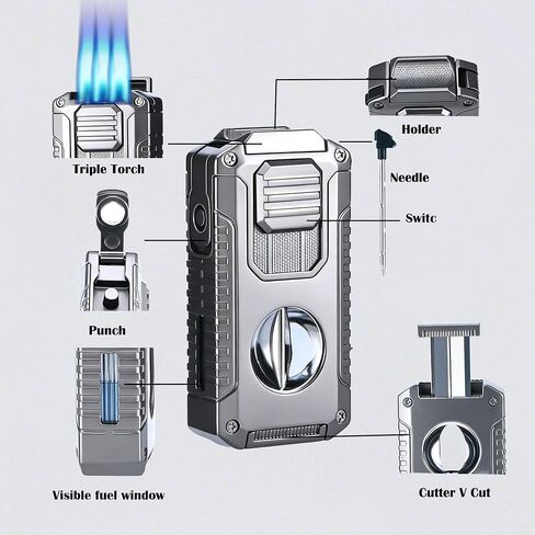 5 in 1 Butane Torch Lighter with V-Shaped Cutter, Punch & Built-in Holder | 3 Jet Flame Windproof Torch for Men in Kuwait