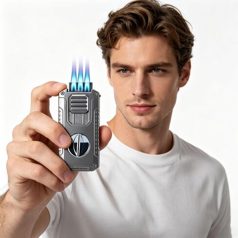 5 in 1 Butane Torch Lighter with V-Shaped Cutter, Punch & Built-in Holder | 3 Jet Flame Windproof Torch for Men in Kuwait