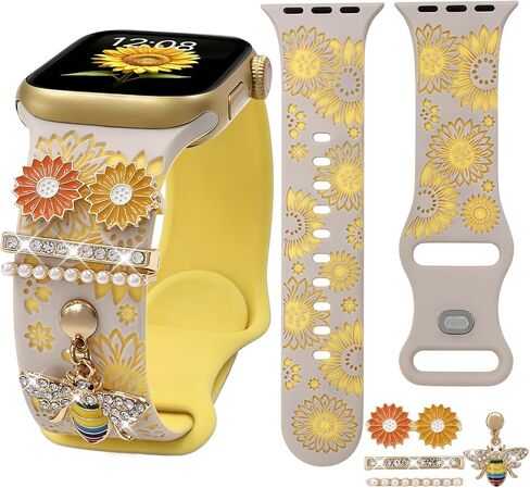 Sunflower Silicone Band With Charms Compatible with Apple Watch 38-49mm Women,Floral Engraved Wristband for iWatch Series 11-1 Ultra SE 3-1 in Kuwait