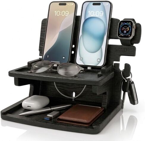MED Wood Phone Docking Station for Men - Desk or Nightstand Organizer - Birthday Gifts for Husband, Dad - Anniversary Idea from Wife - Key Holder, Stand Wallet, Watch & Essentials (Dark Walnut) in Kuwait