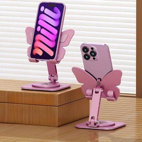 Butterfly Phone Stand for Desk, 360° Rotating Cell Phone Holder, Foldable Desktop Cradle Dock, Height & Angle Adjustable Aluminum Stand Compatible with iPhone, Samsung, Kindle, Pad (Pink) in Kuwait