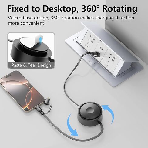 360°Rotatable Desktop Sticker 100W Retractable USB C Multi 2-in-2 USB A/Type C to Lightning/USB C iPhone Charger Cable Organizer,6FT Charge Cord for iPhone 16 15 14 13 12 Pro Max/Samsung/iPad - Black in Kuwait