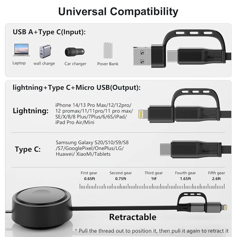 360°Rotatable Desktop Sticker 100W Retractable USB C Multi 2-in-2 USB A/Type C to Lightning/USB C iPhone Charger Cable Organizer,6FT Charge Cord for iPhone 16 15 14 13 12 Pro Max/Samsung/iPad - Black in Kuwait