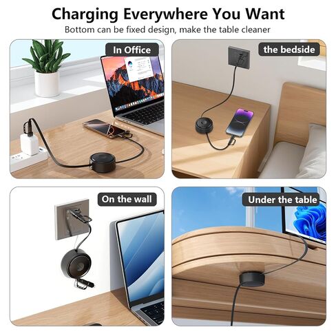 360°Rotatable Desktop Sticker 100W Retractable USB C Multi 2-in-2 USB A/Type C to Lightning/USB C iPhone Charger Cable Organizer,6FT Charge Cord for iPhone 16 15 14 13 12 Pro Max/Samsung/iPad - Black in Kuwait