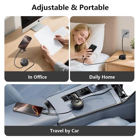 360°Rotatable Desktop Sticker 100W Retractable USB C Multi 2-in-2 USB A/Type C to Lightning/USB C iPhone Charger Cable Organizer,6FT Charge Cord for iPhone 16 15 14 13 12 Pro Max/Samsung/iPad - Black in Kuwait