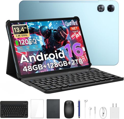 P13 13.4 Inch Android Tablet, 2.4K 120Hz Android 16 Tablet with Gemini AI, 48GB RAM 128GB ROM, 12000mAh, Widevine L1 Dual Speakers, 13MP+8MP Camera, Tablet with Keyboard, Pen Case, Blue in Kuwait
