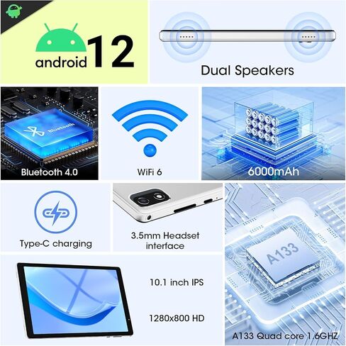 10 Inch Tablet, Android OS, 2GB RAM + 32GB Storage, Quad-Core Processor, 6000mAh Battery, 10.1" HD IPS Display, Wi-Fi 6, Dual Camera, Silver in Kuwait