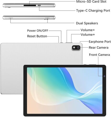 10 Inch Tablet, Android OS, 2GB RAM + 32GB Storage, Quad-Core Processor, 6000mAh Battery, 10.1" HD IPS Display, Wi-Fi 6, Dual Camera, Silver in Kuwait