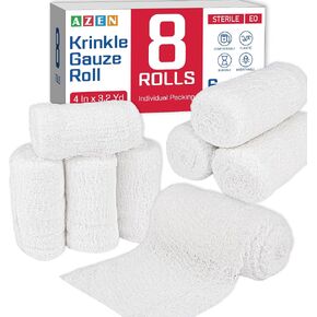 AZEN 8 Pack Krinkle Gauze Rolls, 4 in x 3.2 Yards, 6-Ply 100% Cotton Bandage Wrap, Latex-Free Individually Wrapped, Highly Absorbent Wound Dressing for First Aid in Saudi Arabia