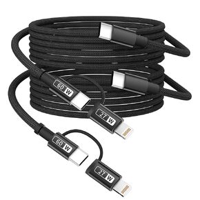 USB C and Light-ning Cable 2 in 1 60W Fast(2Pack 4FT), USB C Multi Charging Cable Charging Cords, Multiple Charger Cord Nylon Braided Compatible with iPhone16/15 Series/Phone/Pad/Laptop-Black in Kuwait