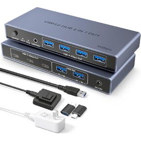 USB 3.0 Switch 2 in 7 Out, USB Switcher for 2 Computers Share 4 USB-A + 3 USB-C Devices - 5Gbps USB Switch Hub for Laptop Keyboard Mouse Printer with Controller, USB C Male Adapter, Power Adapter in Saudi Arabia