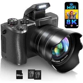 IGXHAVIZ 8K Digital Cameras for Photography Autofocus, WiFi 88MP Vlogging Camera with Dual-Lens, Flash, 16X Digital Zoom, Touch Screen, Travel Camera Anti-Shake with Lens Hood, 64GB Card,2 Batteries in Kuwait
