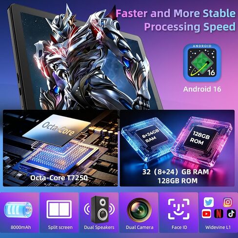 11 inch Tablet with Keyboard,Android 16 Tablet with Octa Core Processor,32GB+156GB (1TB Expand),1920x1200 IPS HD Touchscreen,8MP+16MP Dual Camera,Widevine L1,8000mAh , WiFi/GPS,Case Included(Blue)-ZZ in Kuwait