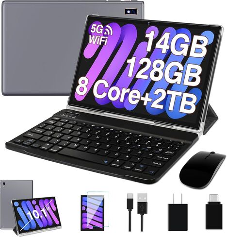 Oangcc Tablet Android 13 Tablets 10 Inch 14GB RAM 128GB ROM 2TB Expand with Keyboard, Mouse, Case, 8000mAh Battery, Octa-Core, GPS, 5G/2.4G Wi-Fi, BT5.0, IPS HD Display (Gray) in Kuwait