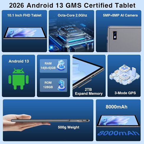 Oangcc Tablet Android 13 Tablets 10 Inch 14GB RAM 128GB ROM 2TB Expand with Keyboard, Mouse, Case, 8000mAh Battery, Octa-Core, GPS, 5G/2.4G Wi-Fi, BT5.0, IPS HD Display (Gray) in Kuwait