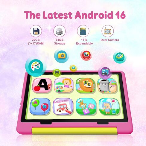 Gleeso Kids Tablet,Android 16 Tablet with HD Display,10.1 inch,Parental Control & Kids Mode, GMS Certified,20GB RAM 64GB ROM,1TB Expandable, 5000mAh Battery, Dual Camera, Protective Case, Pink in Kuwait