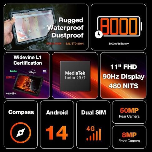 AGM P2 Active Ultra Rugged Tablet for All, 11" Android Tablet, 16GB RAM 256GB ROM 2TB TF, 90Hz FHD IPS Display/Widevine L1, MTK G99, 8000mAh, GMS/GPS/OTG, IP68/IP69K Waterproof, Strap & Case Included in Kuwait