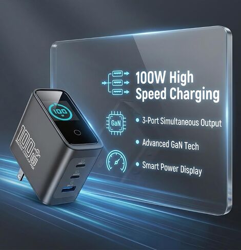 100w USB C Charger with Smart Display, 3-Port GaN Laptop Fast Charger Block in Saudi Arabia