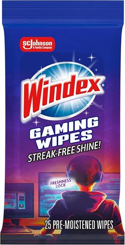 Windex Gaming Cleaning Wipes, Pre-Moistened Wipes to Instantly Clean all Gaming Gear and Electronics, Resealable Packaging for a Freshness Lock, 25 count (Pack of 1) in Kuwait
