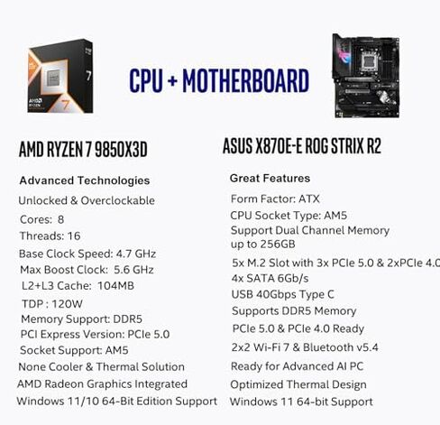 Micro Center 3-in-1 Combo: AMD Ryzen 7 9850X3D CPU Processor with ASUS ROG Strix X870E-E R2 Gaming WiFi ATX Motherboard and KLEVV CRAS V RGB DDR5 32GB (2x16GB) 6000MHz Ram Memory Black in Kuwait