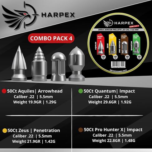 Harpex Combo Pack 4 .22 Cal Airgun Pellets – Variety Pack with Aquiles, Zeus, Pro Hunter X & Quantum – Heavy & Pointed Pellets for Maximum Impact & Deep Penetration – Precision Performance – 200 Count in Kuwait