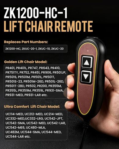 ZK1200-HC ZK1200-HC-1 2-Button 5-Pin Lift Chair Recliner Remote, Compatible with Golden and Ultra Comfort Lift Chairs | Okin or Limoss Motors, 180° 5-Pin Plug, Backlight, USB Port, 1-Year Warr-anty in Saudi Arabia