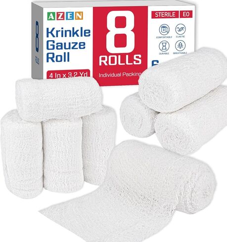 AZEN 8 Pack Krinkle Gauze Rolls, 4 in x 3.2 Yards, 6-Ply 100% Cotton Bandage Wrap, Latex-Free Individually Wrapped, Highly Absorbent Wound Dressing for First Aid in Saudi Arabia