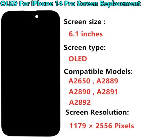 OLED for iPhone 14 Pro Screen Replacement Kit [Soft OLED,NOT LCD] 6.1'' Full HD Display 3D Touch Digitizer Assembly A2650 A2890 A2889 A2891 A2892 with Repair Tools and Waterproof sealant in Kuwait