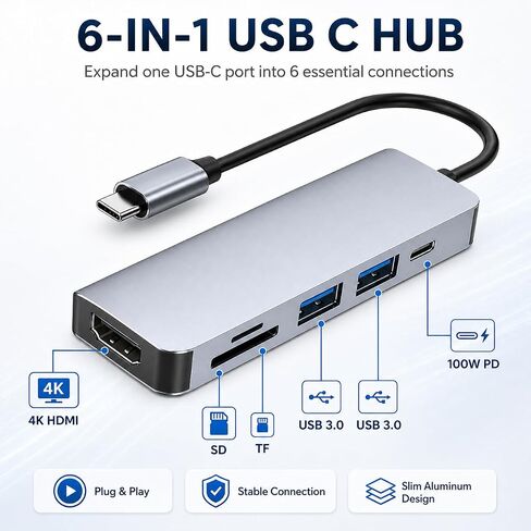 USB C Hub 6-in-1 Multiport Adapter for MacBook Pro/Air, USB C Adapter with 4K HDMI, USB 3.0 Ports, 100W PD Charging, SD/TF Card Reader, Aluminum USB C Docking Station for Laptop in Kuwait
