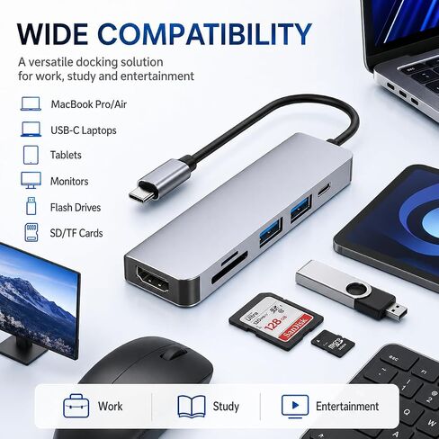 USB C Hub 6-in-1 Multiport Adapter for MacBook Pro/Air, USB C Adapter with 4K HDMI, USB 3.0 Ports, 100W PD Charging, SD/TF Card Reader, Aluminum USB C Docking Station for Laptop in Kuwait