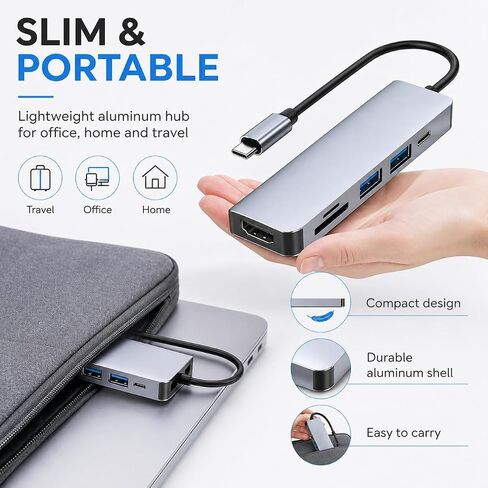 USB C Hub 6-in-1 Multiport Adapter for MacBook Pro/Air, USB C Adapter with 4K HDMI, USB 3.0 Ports, 100W PD Charging, SD/TF Card Reader, Aluminum USB C Docking Station for Laptop in Kuwait