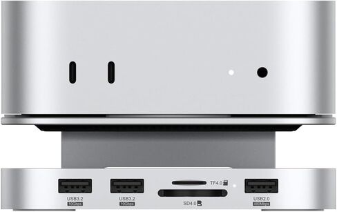 Qwiizlab Aluminum Stand Hub with SSD Enclosure, Docking Station for Mac mini M4/M4 Pro, 2 USB-A 10Gbps, TF/SD 4.0 Card Readers 312MB/s, USB-A 2.0, Fits M.2 NVMe SSD up to 8TB (Silver) in Saudi Arabia
