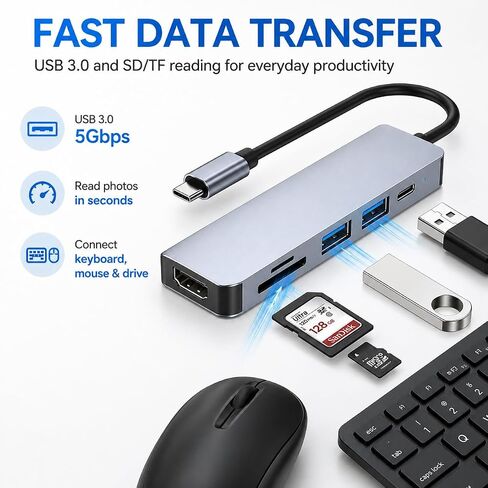 USB C Hub 6-in-1 Multiport Adapter for MacBook Pro/Air, USB C Adapter with 4K HDMI, USB 3.0 Ports, 100W PD Charging, SD/TF Card Reader, Aluminum USB C Docking Station for Laptop in Kuwait