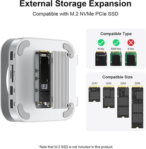 Qwiizlab Aluminum Stand Hub with SSD Enclosure, Docking Station for Mac mini M4/M4 Pro, 2 USB-A 10Gbps, TF/SD 4.0 Card Readers 312MB/s, USB-A 2.0, Fits M.2 NVMe SSD up to 8TB (Silver) in Saudi Arabia