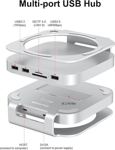 Qwiizlab Aluminum Stand Hub with SSD Enclosure, Docking Station for Mac mini M4/M4 Pro, 2 USB-A 10Gbps, TF/SD 4.0 Card Readers 312MB/s, USB-A 2.0, Fits M.2 NVMe SSD up to 8TB (Silver) in Saudi Arabia